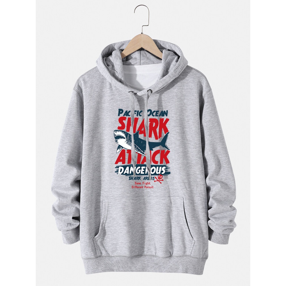 Mens Shark Letter Print Cotton Kangaroo Pocket Drawstring Hoodies - Black 4XL