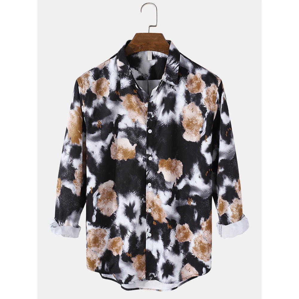 Mens Printed Lapel Button Curve Botton Down Long Sleeve Casual Shirts - Black L
