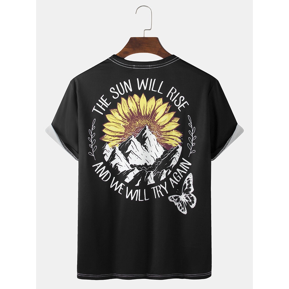 Designer Landscape Back Pattern Slogan Print Short Sleeve Black T-Shirts - Black S