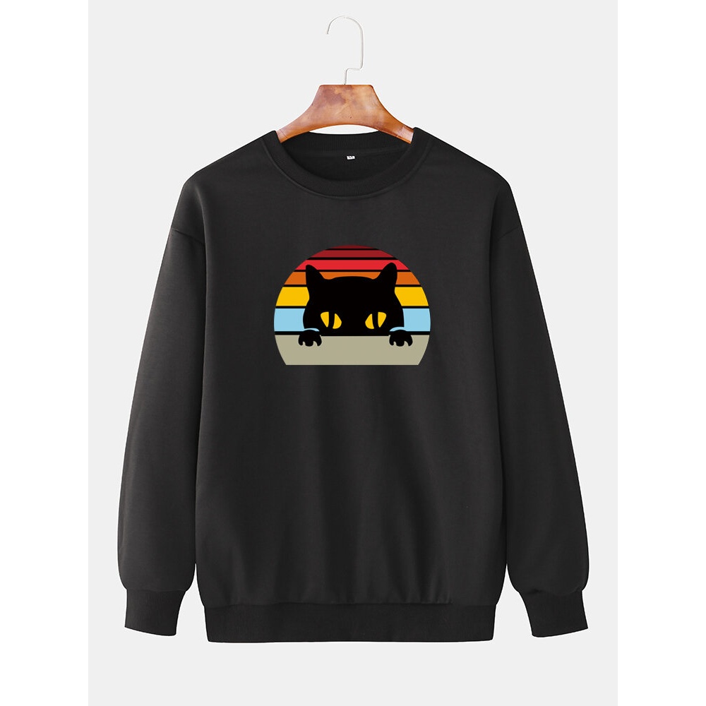 Mens Rainbow Cat Graphic Print Crew Neck Daily Loose Sweatshirt - Black L
