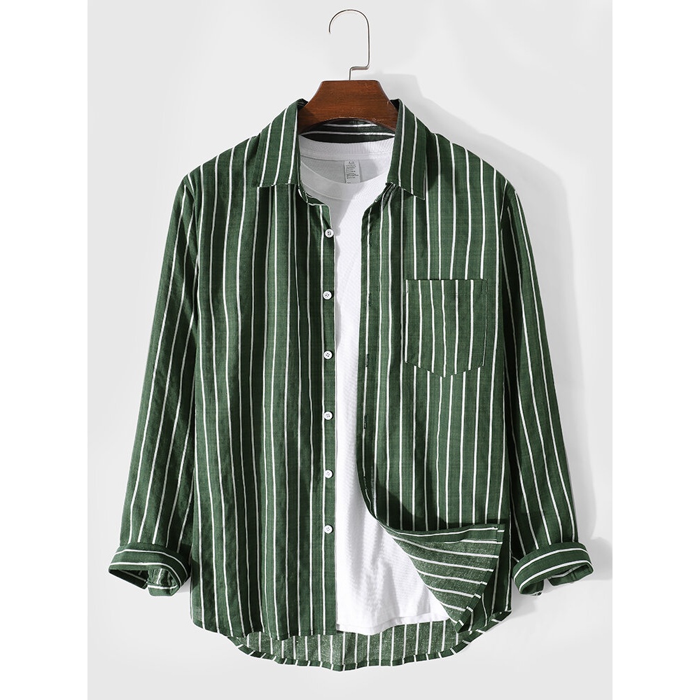 Mens Vertical Striped Lapel Cotton Casual Long Sleeve Shirts - Green S