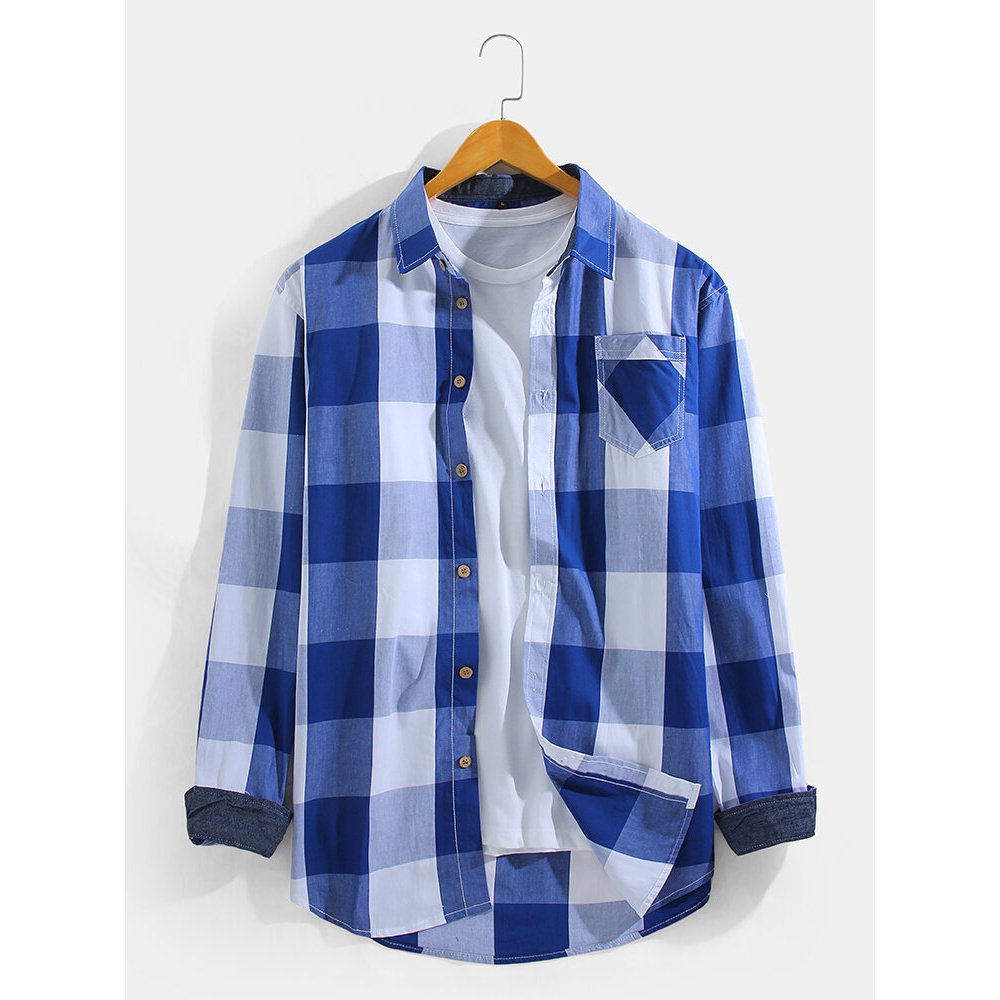 Mens Blue Plaid Print Lapel Button Up Long Sleeve Shirts With Chest Pocket - Blue 2XL