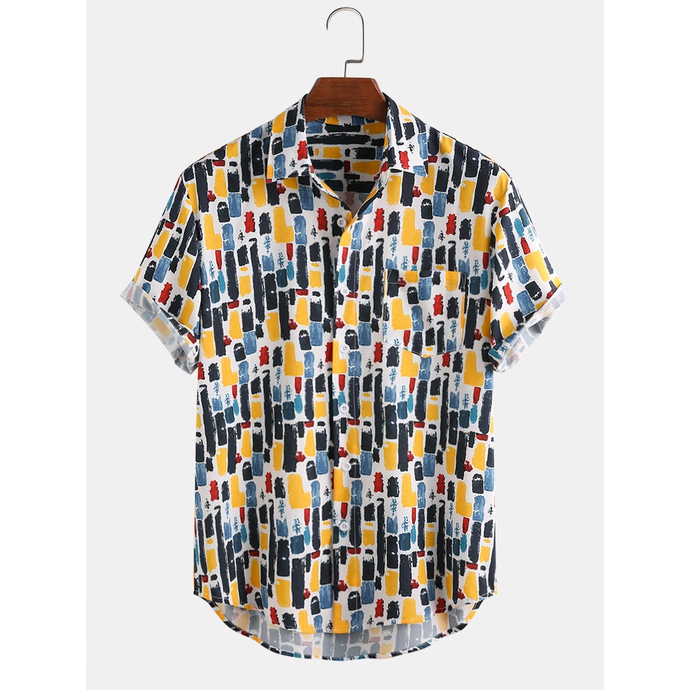 Mens Fashion Multi Patterns Printing Breathable Turn Down Collar Casual Shirts - Green M