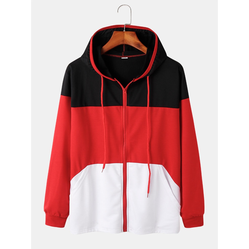 Mens Sporty Patchwork Colorblock Pocket Zipper Hoodie Jacket - Army Green M