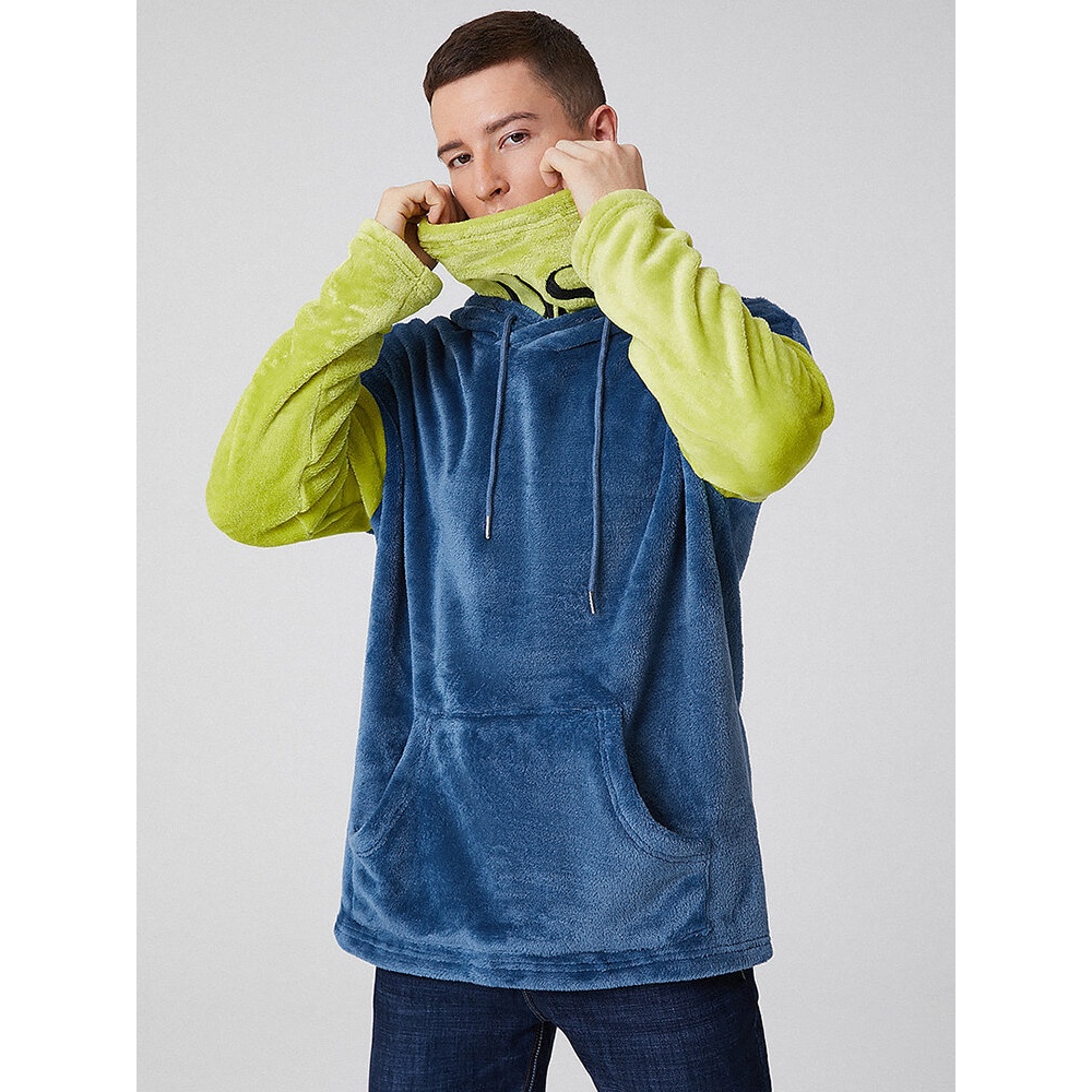 Mens Patchwork Drop Shoulder Pouch Pocket Fluffy Plush Hoodies With Letter Embroidery Snood - Blue S