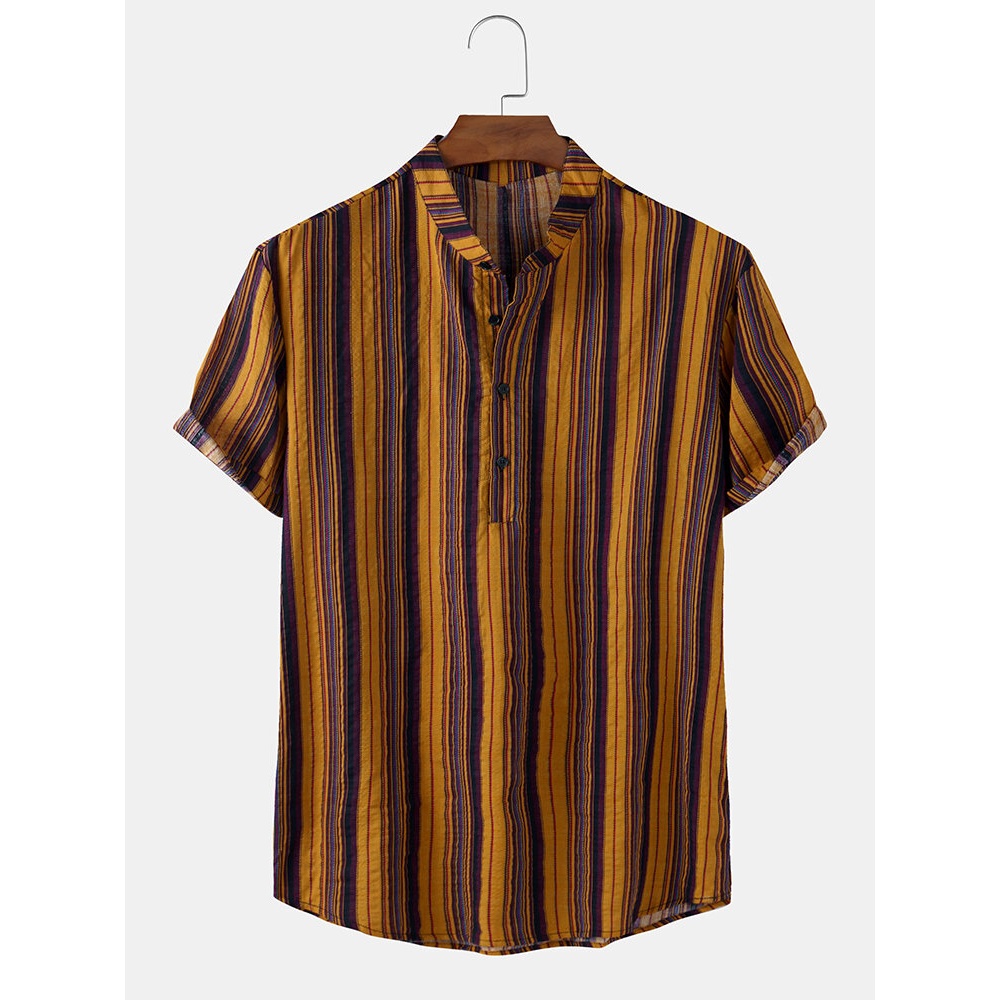 Mens Colorful Striped Henley Collar Short Sleeve Shirts - Red L
