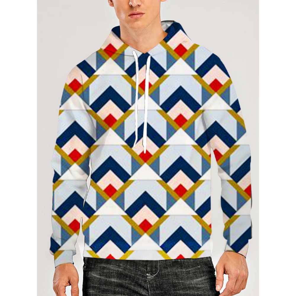 Mens 3D Geometry Graphics Print Long Sleeve Casual Hoodies With Pocket - Blue S