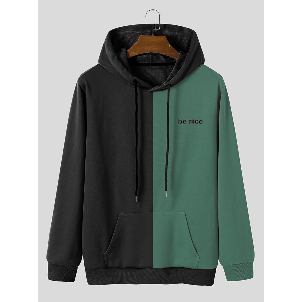 Mens 'Be Nice' Printed Patchwork Hooded Casual Sweatshirt - Green M