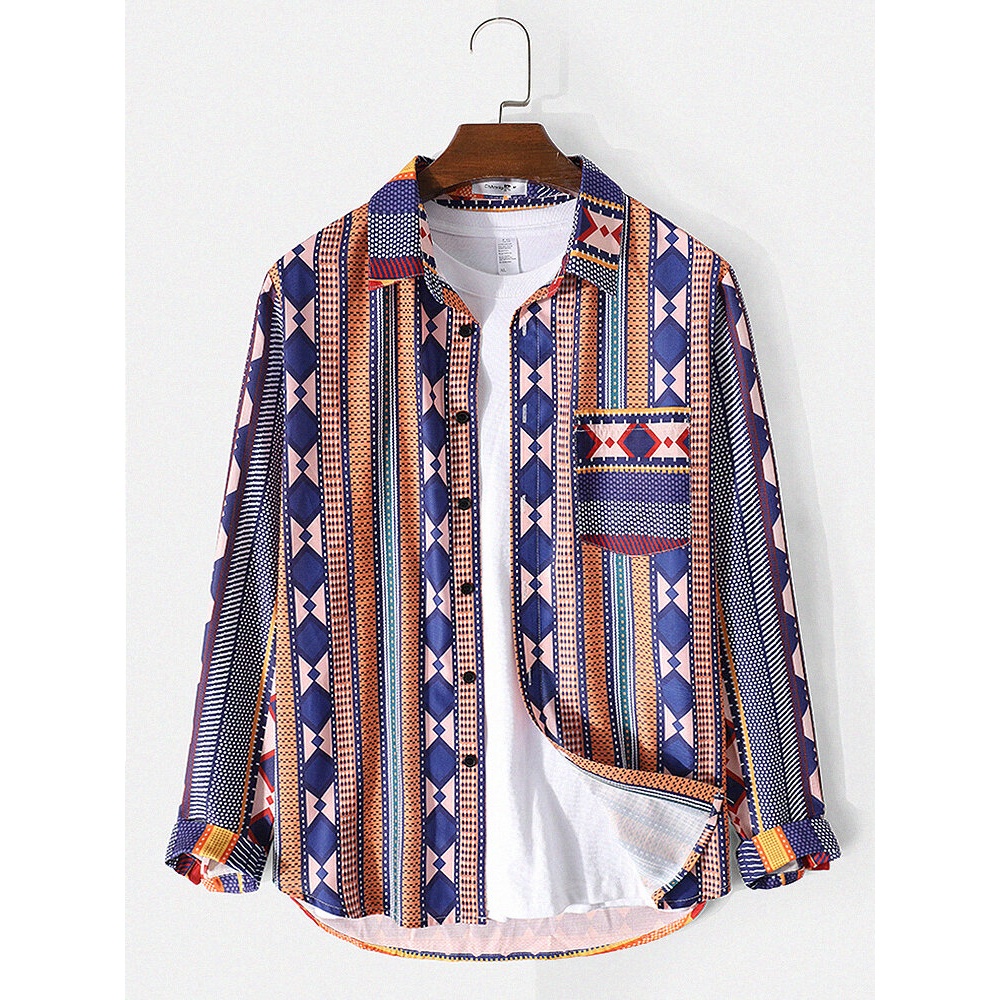 Mens Tribal Pattern Ethnic Style Designer Lapel Shirt With Pocket - Yellow S