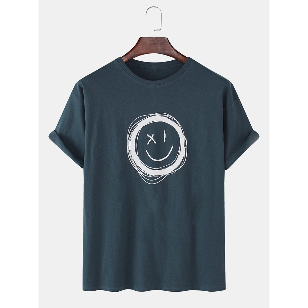 Mens Cartoon Smile Face Print Cotton Casual Short Sleeve T-Shirts - Black M