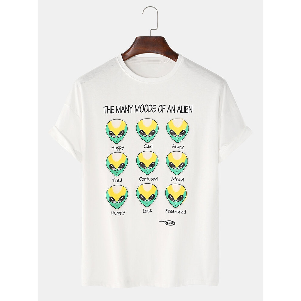 Mens Funny Casual Alien Face Print Loose Short Sleeve T-Shirts - White S