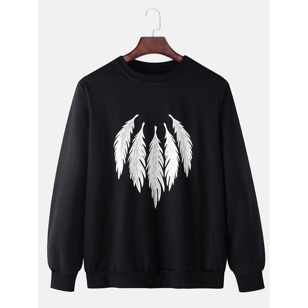 Mens Feather Pattern Print Solid Color Cotton Casual Pullover Sweatshirts - Black M