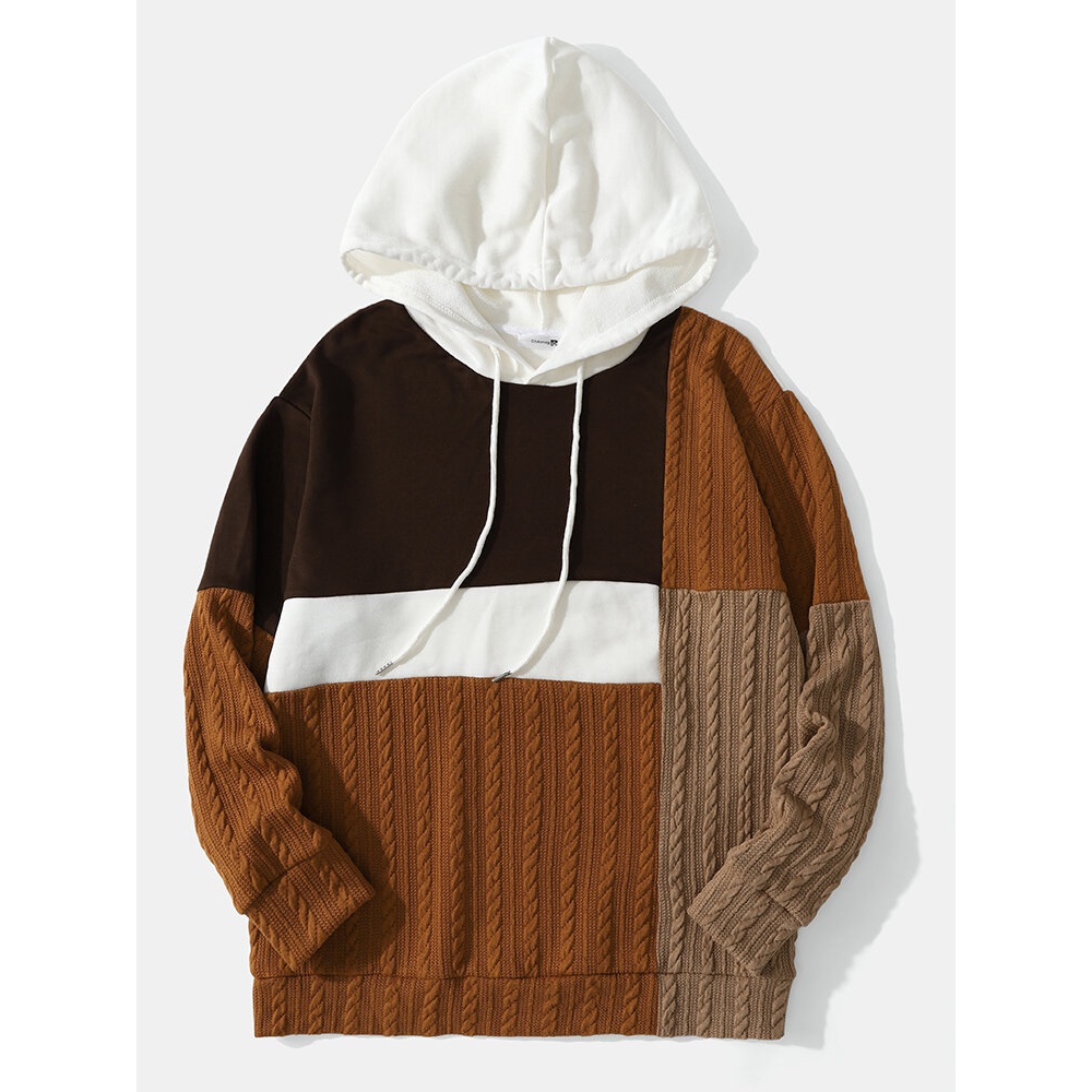 Men Splicing Cable Knitted Color Block Drawstring Pullover Hooded Sweatshirt - White S