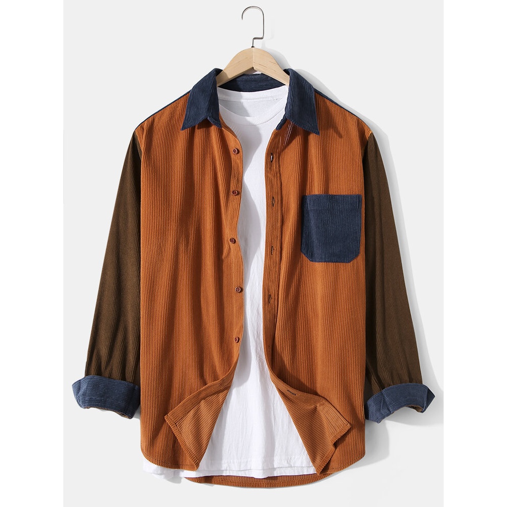 Corduroy Solid Color Patchwork Pocket Button Up Long Sleeve Shirts For Men - Brown S