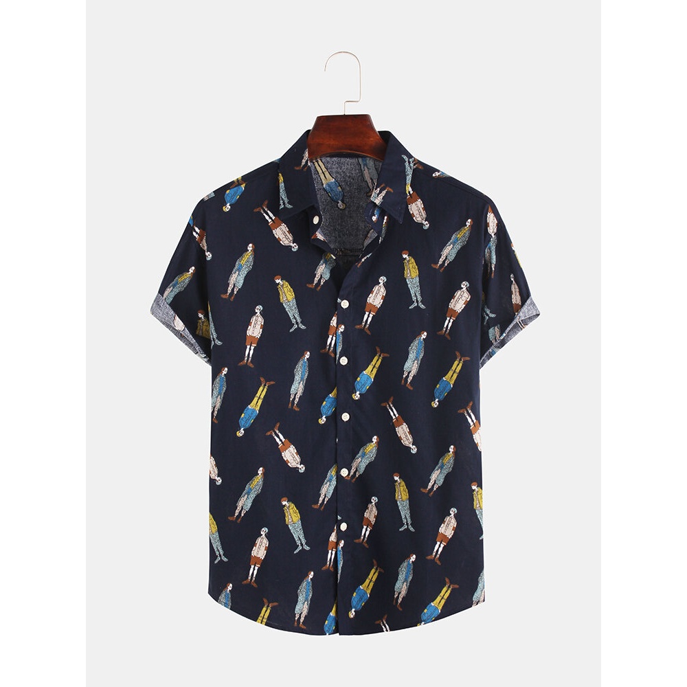 Mens Fashion Character Printing Turn Down Collar Shirts - S Navy