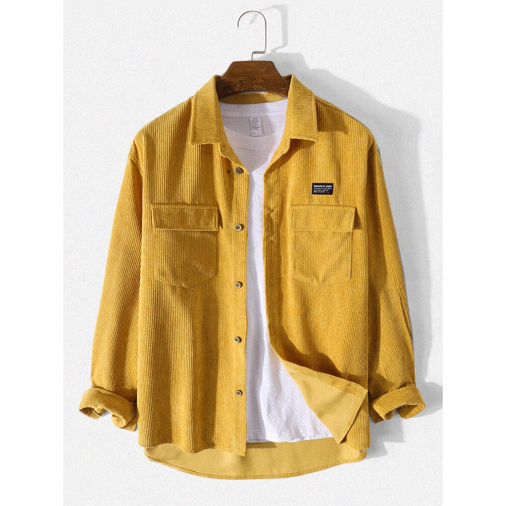Mens Corduroy Ethnic Pattern Stitching Lapel Casual Long Sleeve Shirts - Yellow S