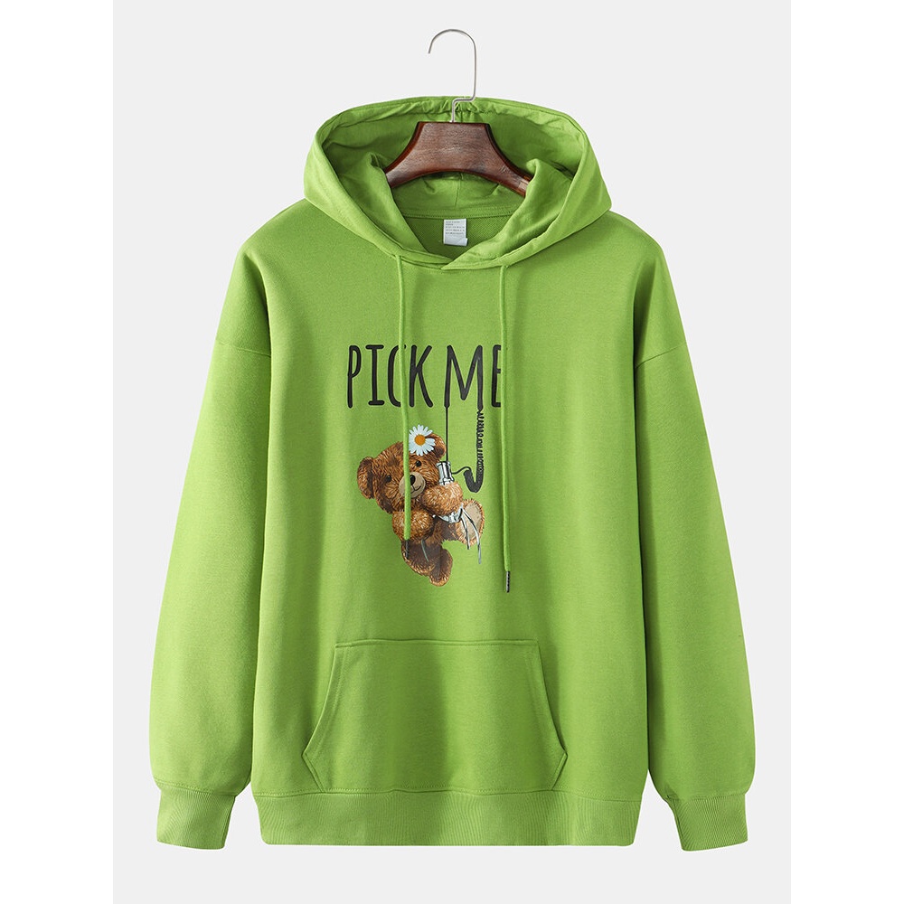 Mens Cartoon Doll Bear & Letter Print Drop Shoulder Hoodies With Pocket - Yellow L