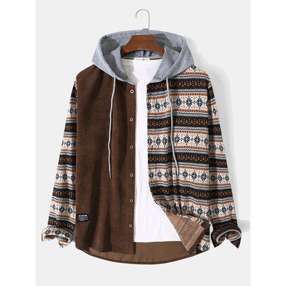 Men Corduroy Ethnic Patchwork Bodycon Hem Button Front Hooded Casual Shirts - Coffee S