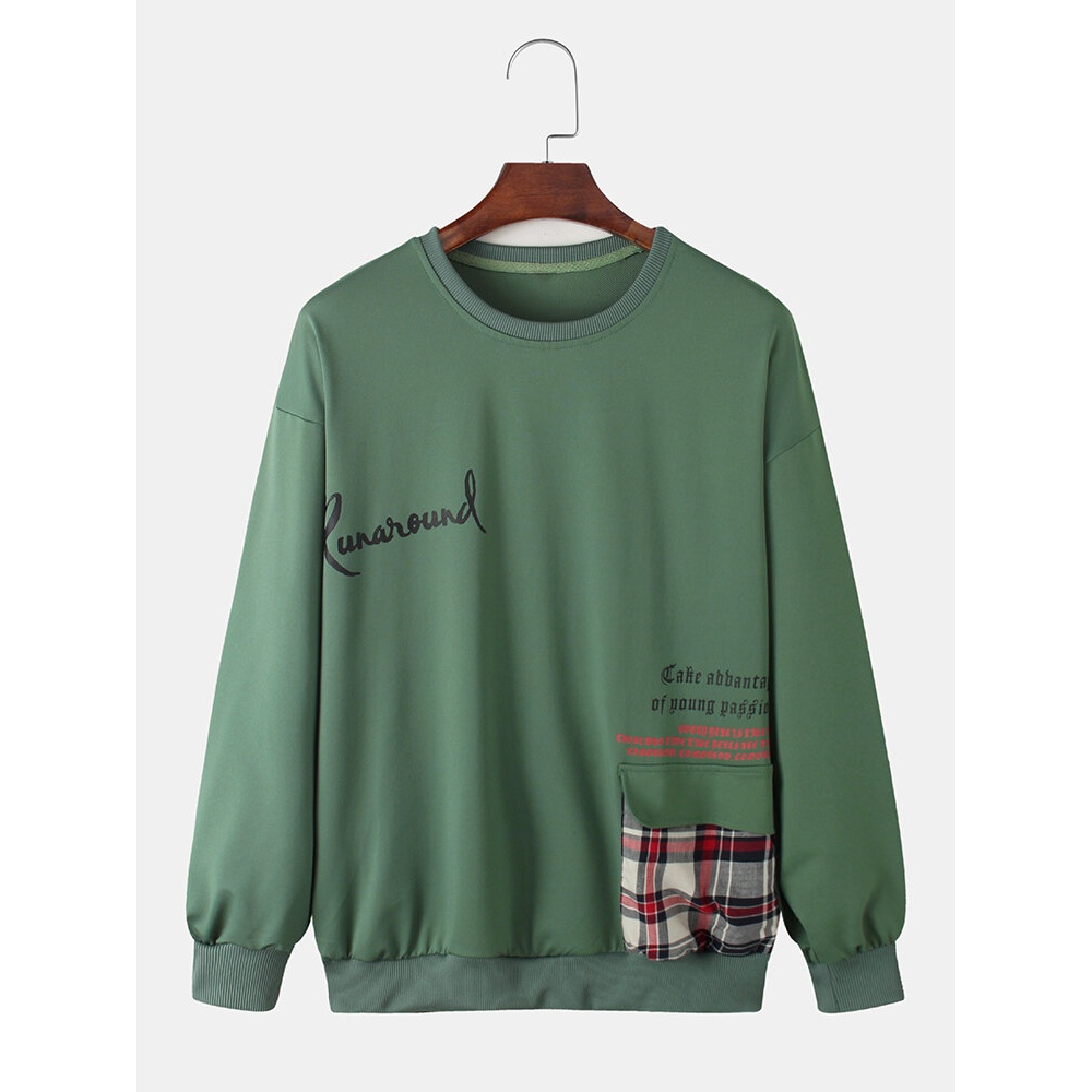 Mens Slogan Print Plaid Pocket Pullover Round Neck Long Sleeve Simple Sweatshirts - Yellow S