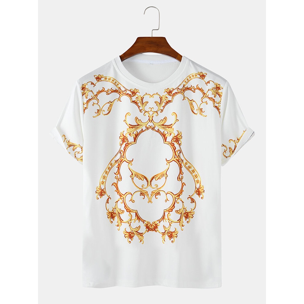 Mens Ethnic Print Round Neck Casual Short Sleeve T-Shirts - White L
