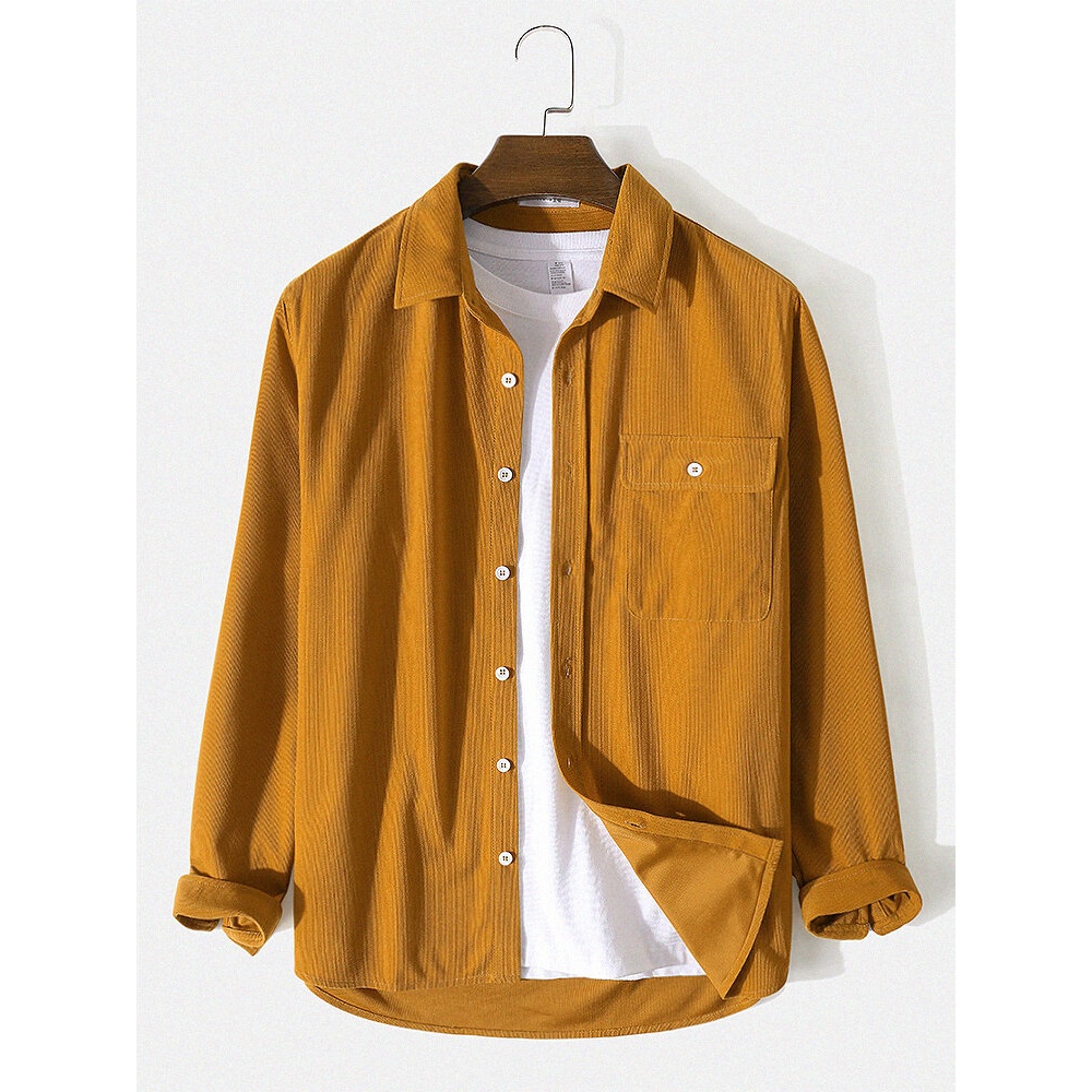 Mens Yellow Button Down Long-Sleeve Corduroy Shirt - Yellow S