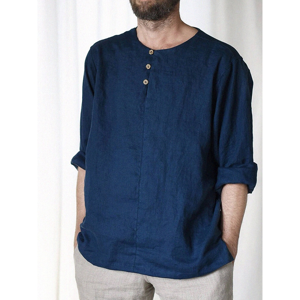 Mens Basic Solid Color 100% Cotton Long Sleeve Henley Shirts - Blue M