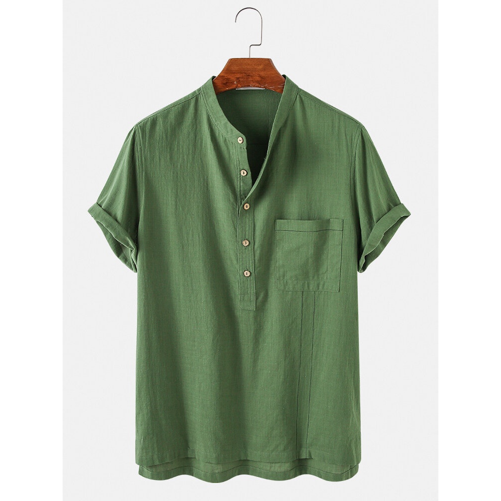 Mens 100% Cotton Solid Henley Collar Short Sleeve Shirts - Green M