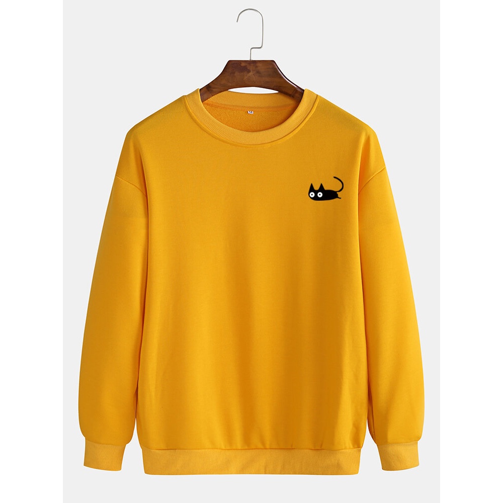 Mens Cute Cat Pattern Solid Color Crew Neck Casual Pullover Sweatshirt - Sky Blue S