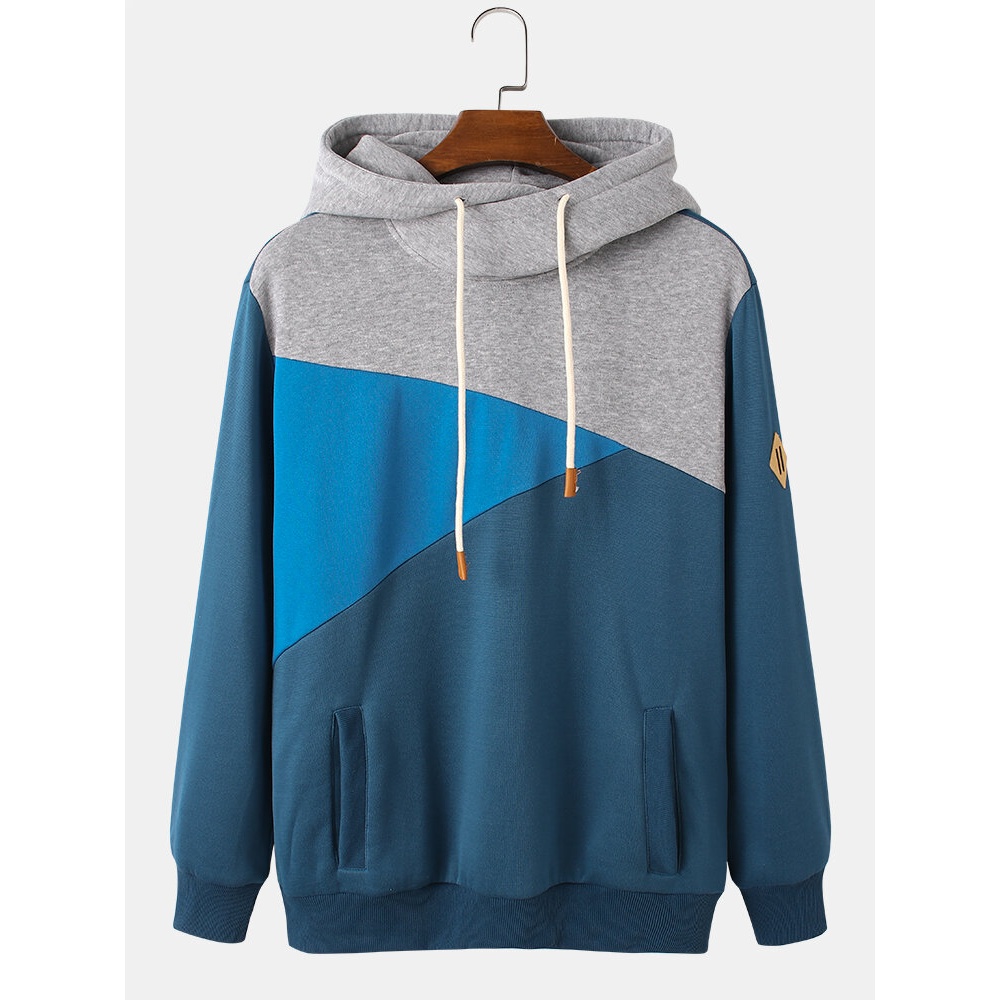 Mens Design Patchwork Solid Color Side Pocket Long Sleeve Hoodies - Green S