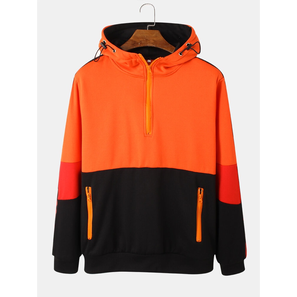 Mens Color Block Patchwork Zipper Front Street Style Casual Hoodie - Orange M
