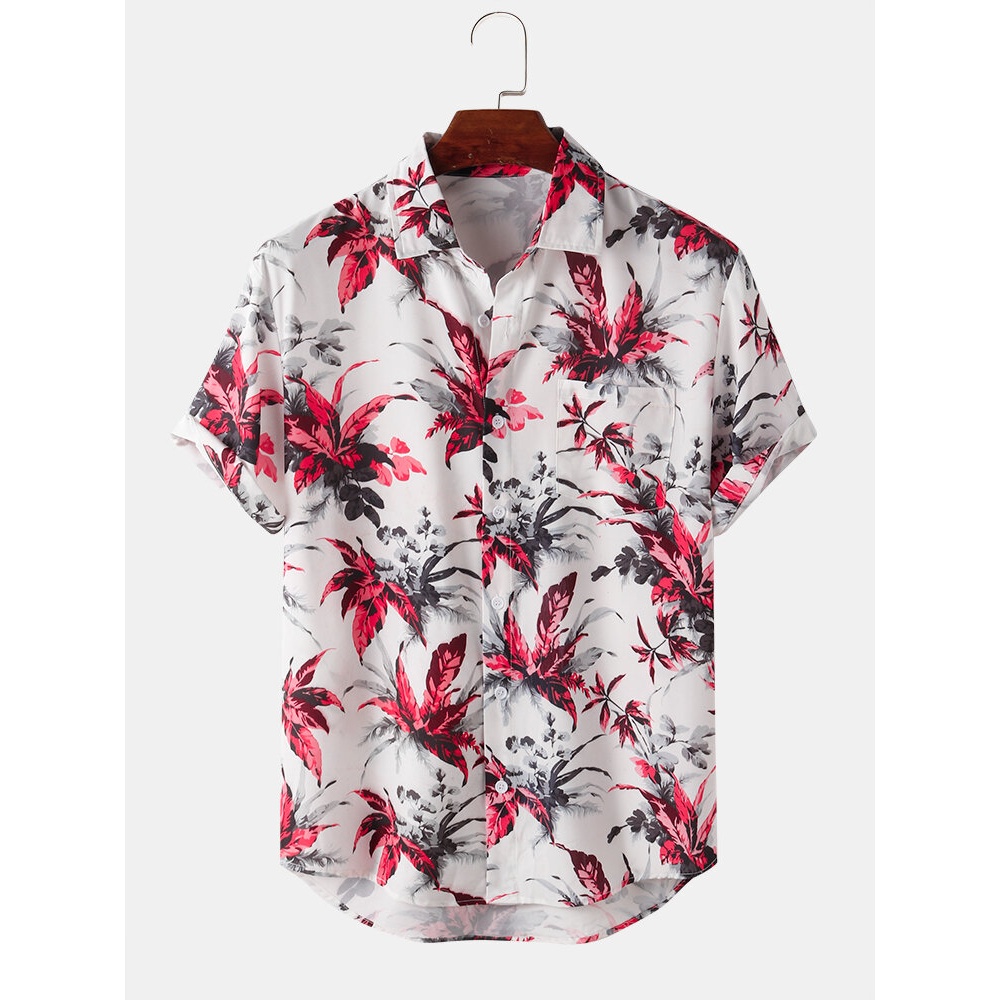 Mens Plant Leaves Print Pocket Short Sleeve Curved Hem Holiday Shirt - Red S