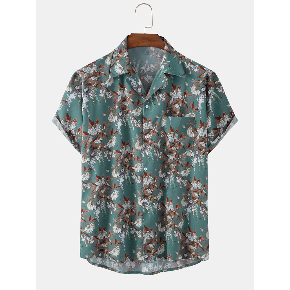 Mens Vintage Style Plant Floral Print Short Sleeve Casual Lapel Collar Shirts - Green XL