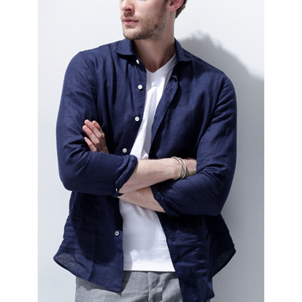 Men Solid Color Button Up Long Sleeve Shirts - 4XL White