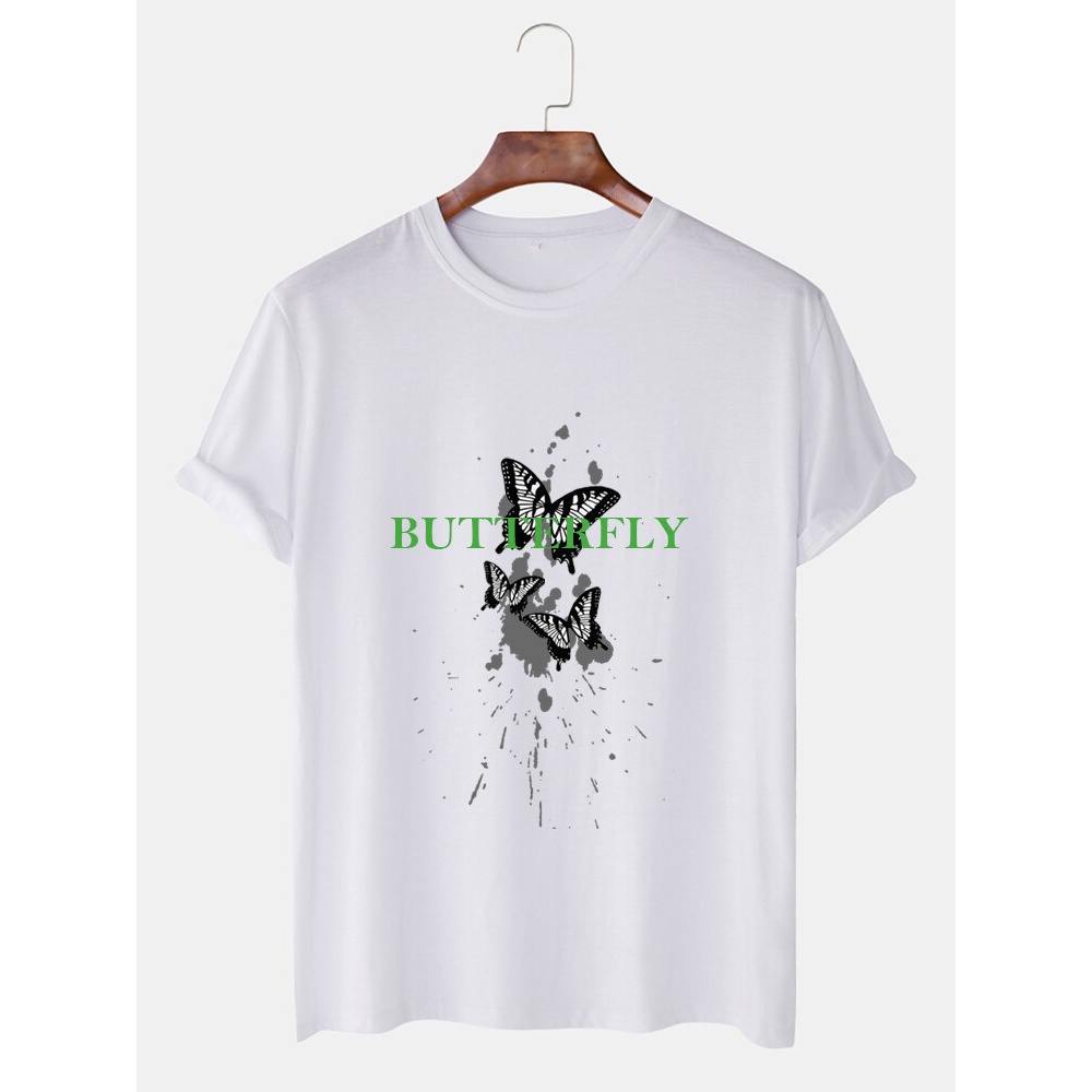 Mens Butterfly Cheat Print Simple Casual Short Sleeve T-Shirt - White XL
