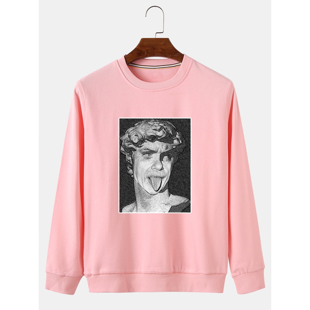 Mens Funny Figure Plaster Statue Print Fleece Linning Pullover Round Neck Sweatshirts - Black M