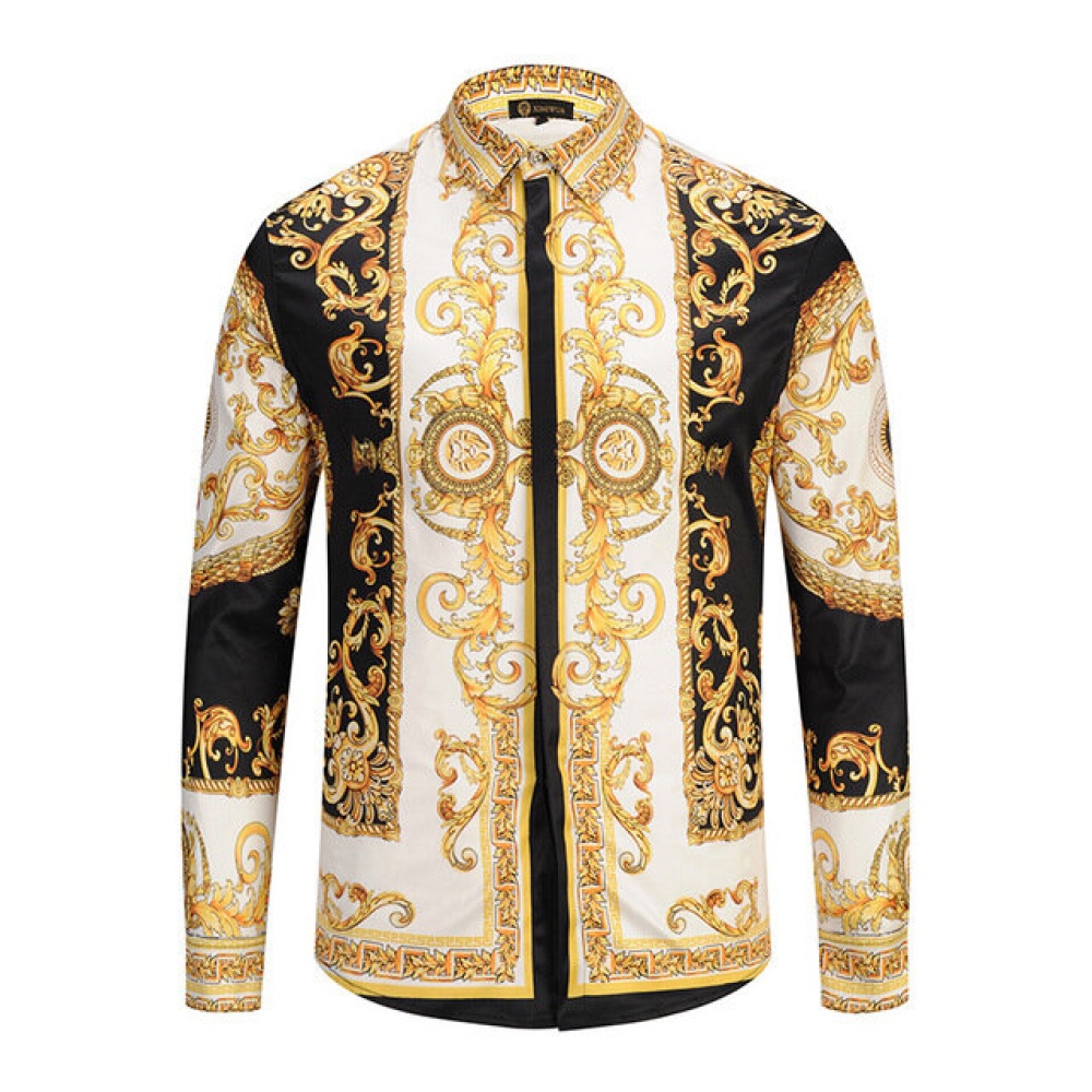 Men Shirt Retro Style Black Gold Printing Long-sleeved Shirts - L As Picture