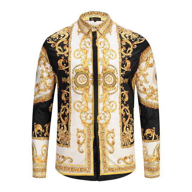 Men Shirt Retro Style Black Gold Printing Long-sleeved Shirts - L As Picture