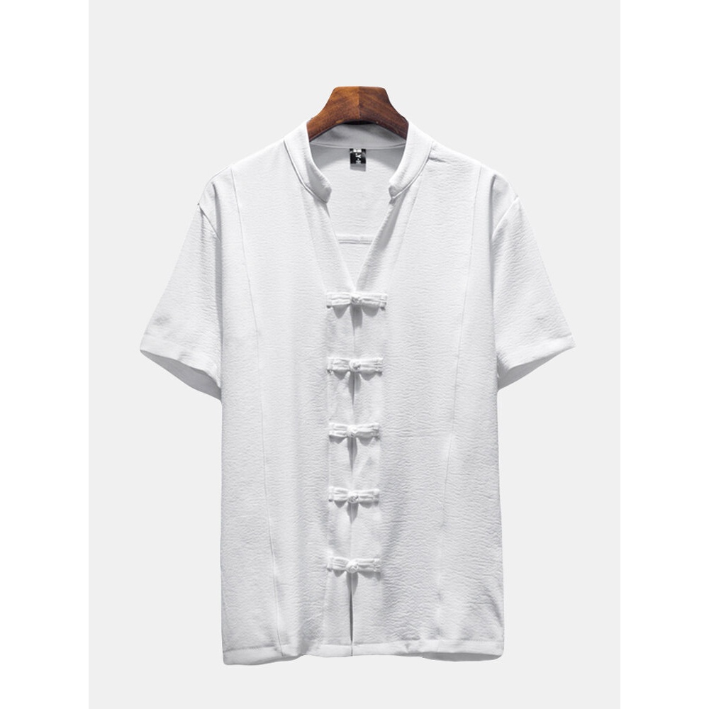 Mens Summer Vintage Stand Collar Frog Cotton Linen Short Sleeve Shirts - M Black