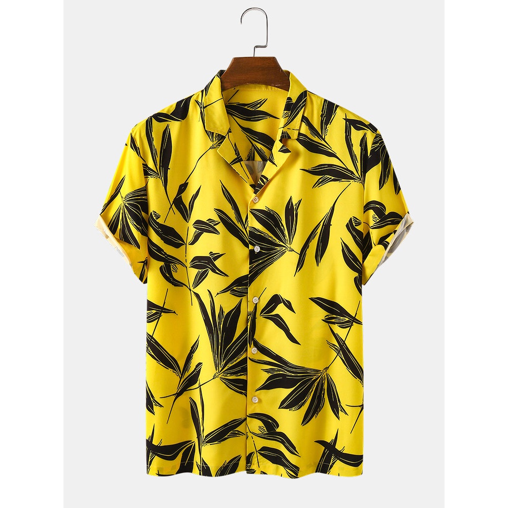 Bangood Designed Mens Tropical Leaf Print Short Sleeve Shirts - Yellow L