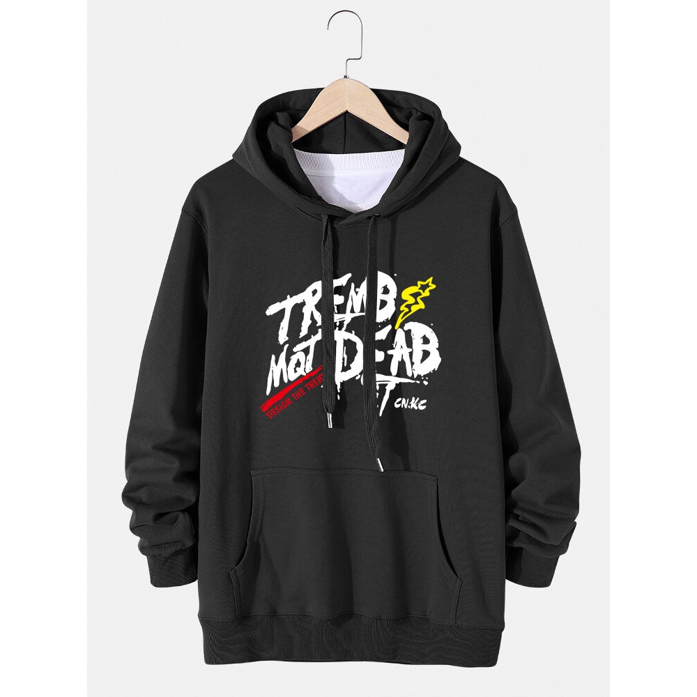 Mens Art Letter Printed Cotton Kangaroo Pocket Drawstring Hoodies - Black 4XL