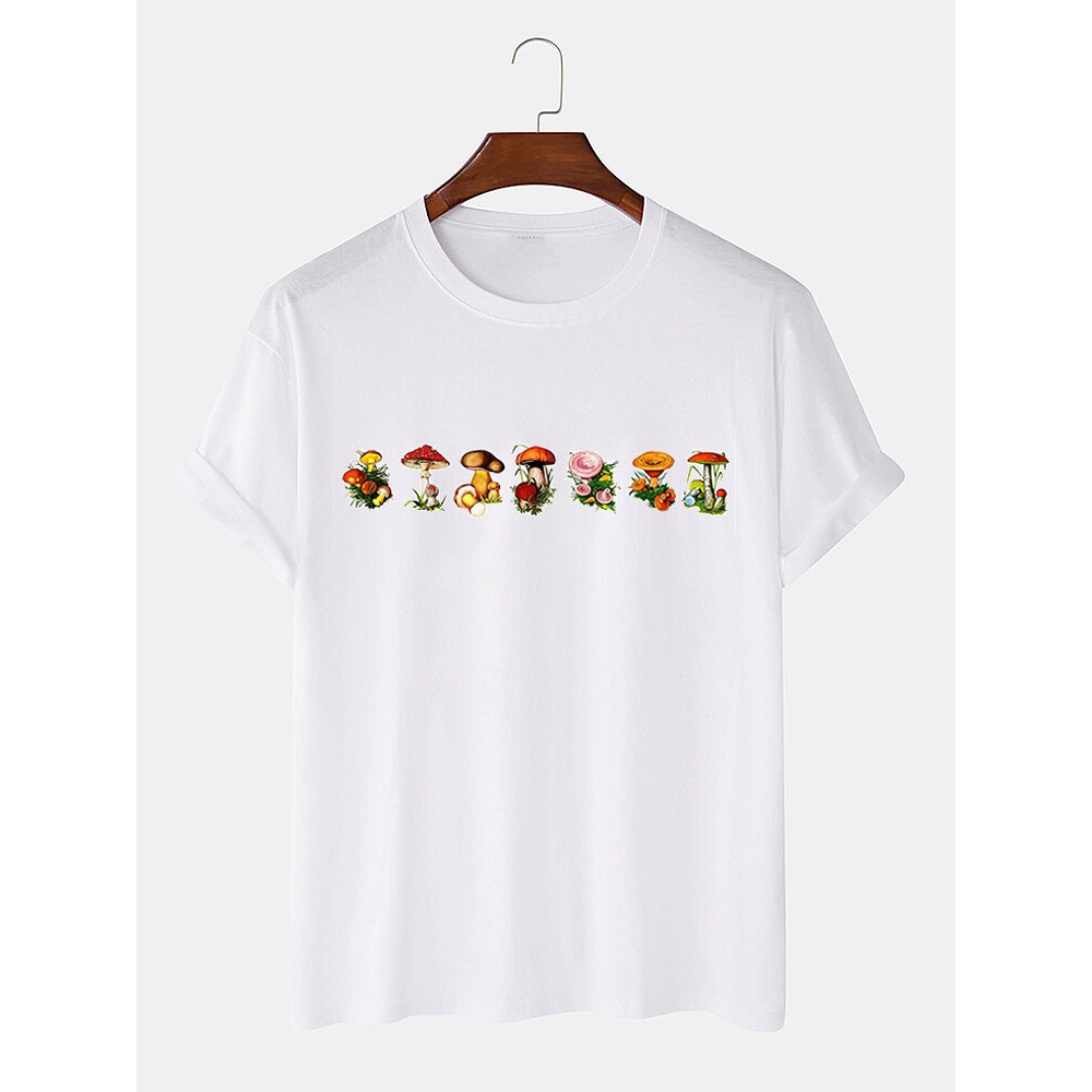 Mens 100% Cotton Cartoon Mushroom Print Solid Loose T-Shirt - White S
