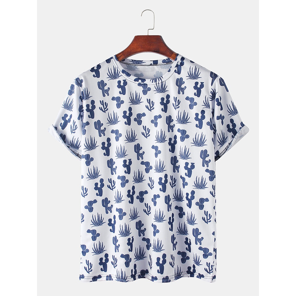 Designer Cactus Print Short Sleeve T-Shirts - Blue L