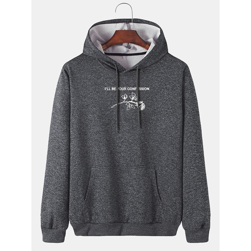 Mens Letter & Rose Print Long Sleeve Simple Hoodies With Kangaroo Pocket - Black XL