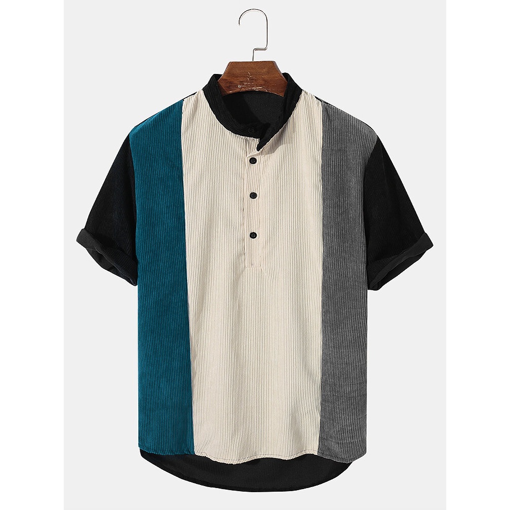 Mens Fashion Corduroy Buttons Stand Collar Casual Shirts - Blue S