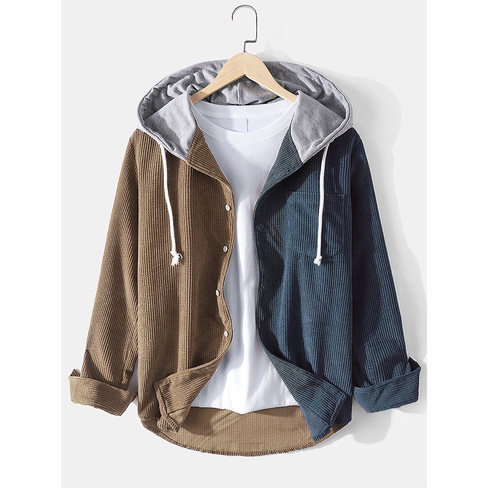 Mens Corduroy Contrast Patchwork Casual Long Sleeve Drawstring Hooded Shirts - 2XL Khaki