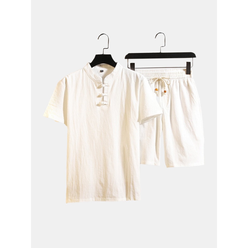 Mens Designer Solid Color Buckle Chinese Style Casual Short Pajama Set - Khaki XL