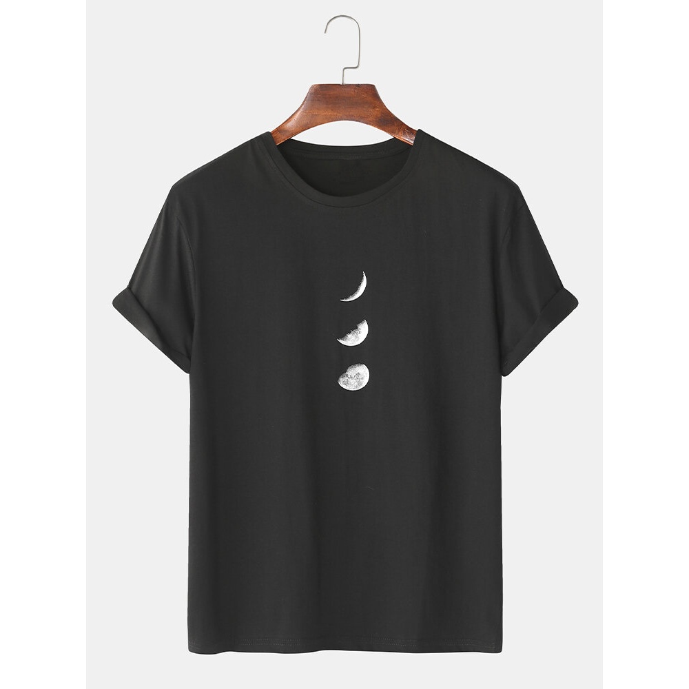 Cotton Mens Moon Print Crew Neck Short Sleeve Loose T-Shirts - White M