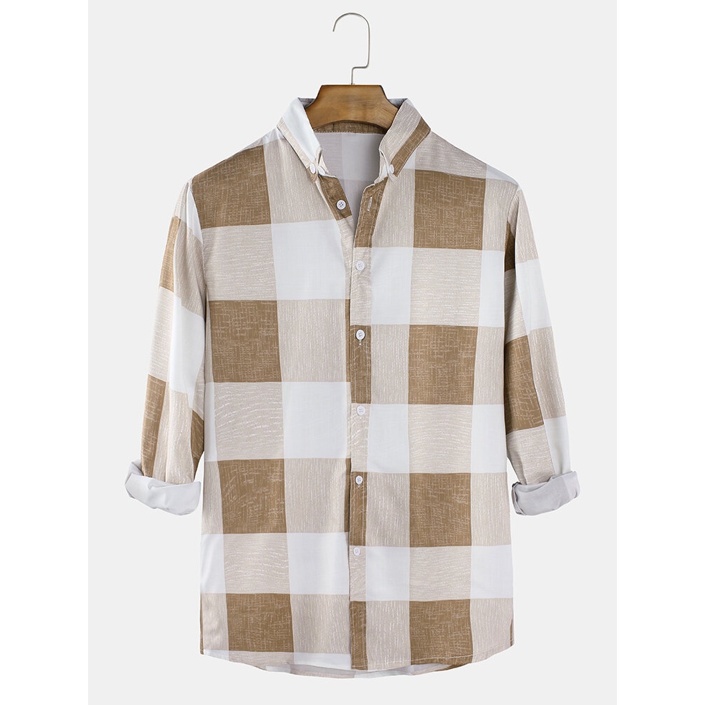 Mens Plaid Button-Down Collar Regular Fit Curved Hem Long Sleeve Shirts - Red M