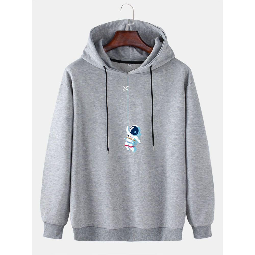 Mens Funny Cute Astronaut Print Solid Pullover Casual Hoodie - Black M