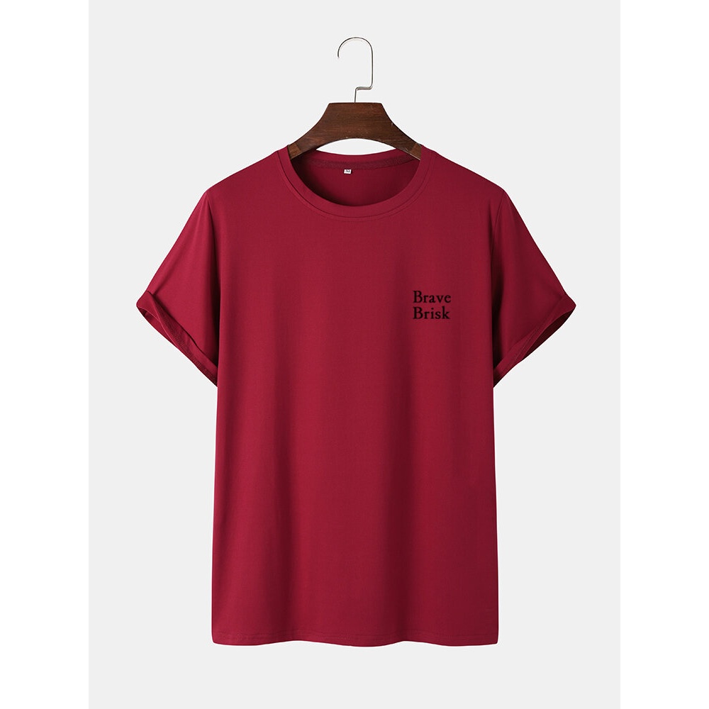 Men Casual Loose Solid Color Letter Crew Neck T-Shirts - Black S